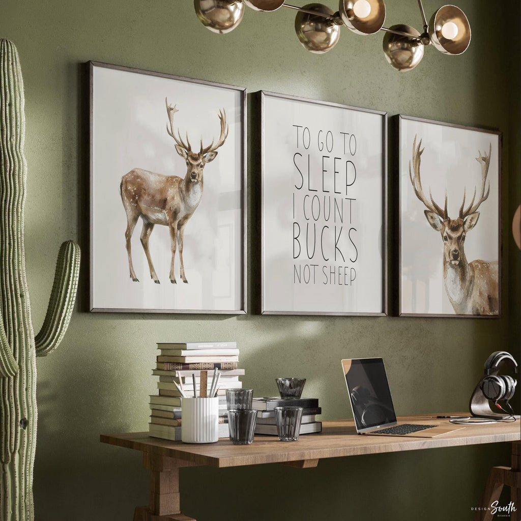Deer Wall Art Set of 3 with Quote ‘To Go To Sleep I Count Bucks Not Sheep,’ Watercolor Buck Prints, Rustic Woodland Nursery Decor