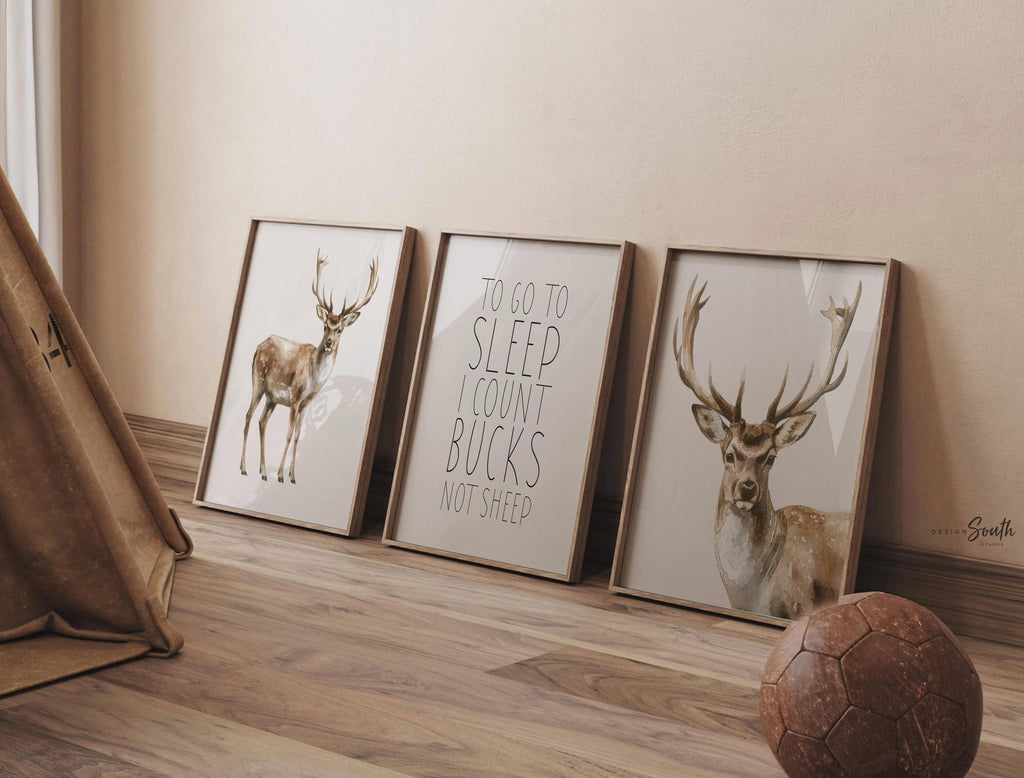Deer Wall Art Set of 3 with Quote ‘To Go To Sleep I Count Bucks Not Sheep,’ Watercolor Buck Prints, Rustic Woodland Nursery Decor