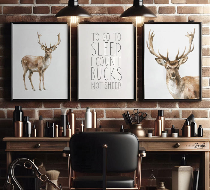 Deer Wall Art Set of 3 with Quote ‘To Go To Sleep I Count Bucks Not Sheep,’ Watercolor Buck Prints, Rustic Woodland Nursery Decor