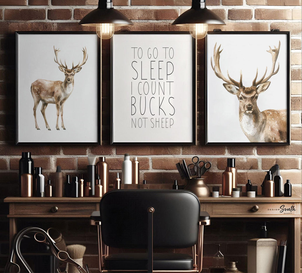 Deer Wall Art Set of 3 with Quote ‘To Go To Sleep I Count Bucks Not Sheep,’ Watercolor Buck Prints, Rustic Woodland Nursery Decor