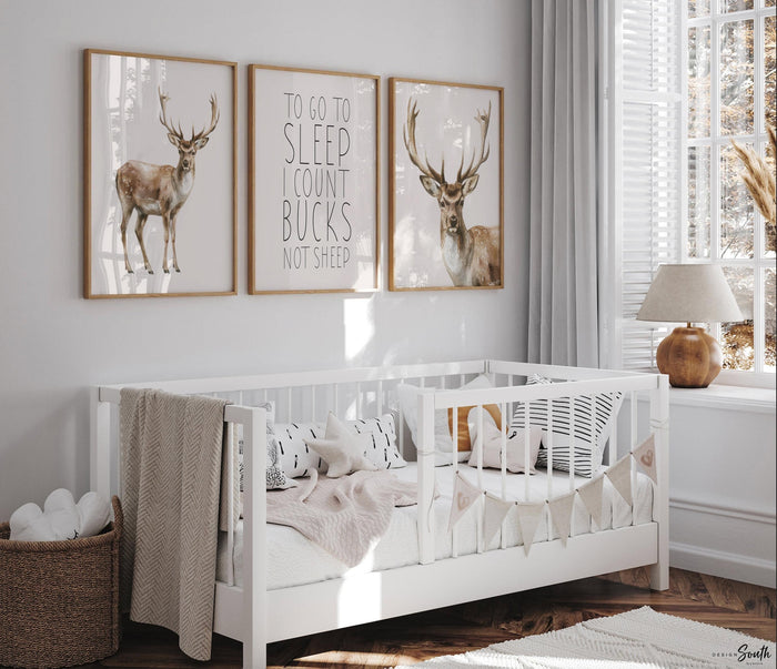 Deer Wall Art Set of 3 with Quote ‘To Go To Sleep I Count Bucks Not Sheep,’ Watercolor Buck Prints, Rustic Woodland Nursery Decor