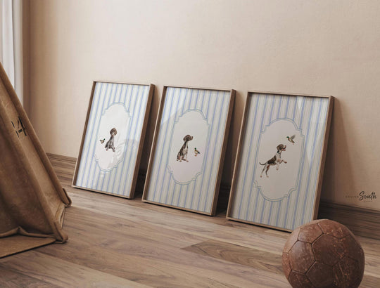 German Shorthaired Pointer Wall Art Set of 3, Blue Stripe Hunting Dog Prints, Bird Dog Nursery Decor with Mallard Ducks