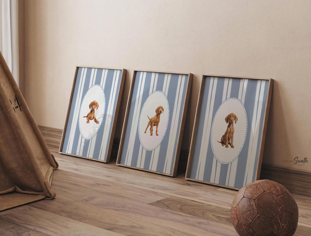 Hungarian Vizsla pointer wall art, bird dog nursery decor, baby blue stripe print set, toddler boy room, Vizsla dog art