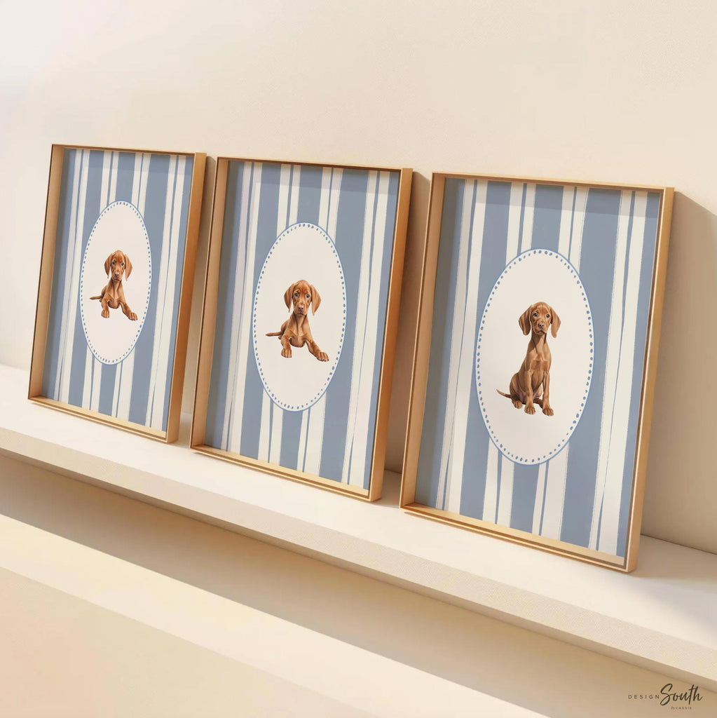 Hungarian Vizsla pointer wall art, bird dog nursery decor, baby blue stripe print set, toddler boy room, Vizsla dog art
