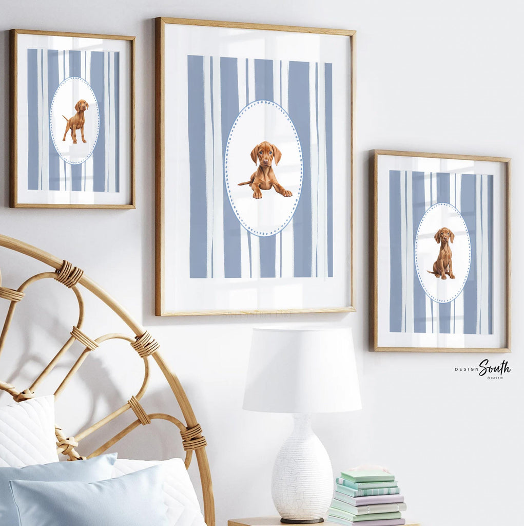 Hungarian Vizsla pointer wall art, bird dog nursery decor, baby blue stripe print set, toddler boy room, Vizsla dog art