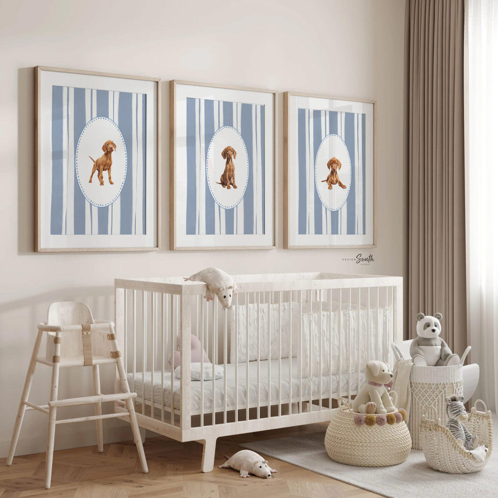 Hungarian Vizsla pointer wall art, bird dog nursery decor, baby blue stripe print set, toddler boy room, Vizsla dog art