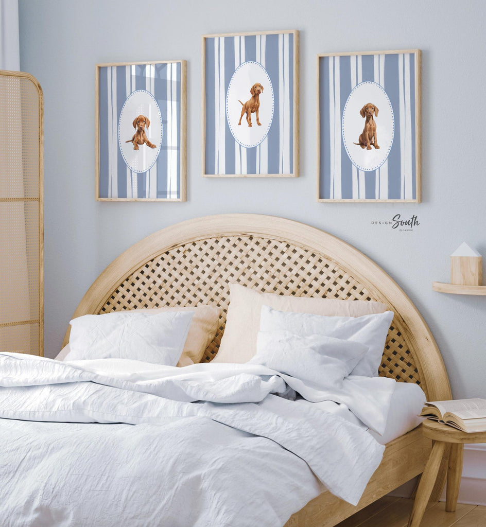 Hungarian Vizsla pointer wall art, bird dog nursery decor, baby blue stripe print set, toddler boy room, Vizsla dog art