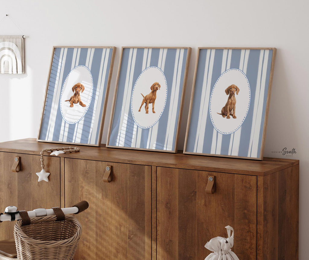 Hungarian Vizsla pointer wall art, bird dog nursery decor, baby blue stripe print set, toddler boy room, Vizsla dog art