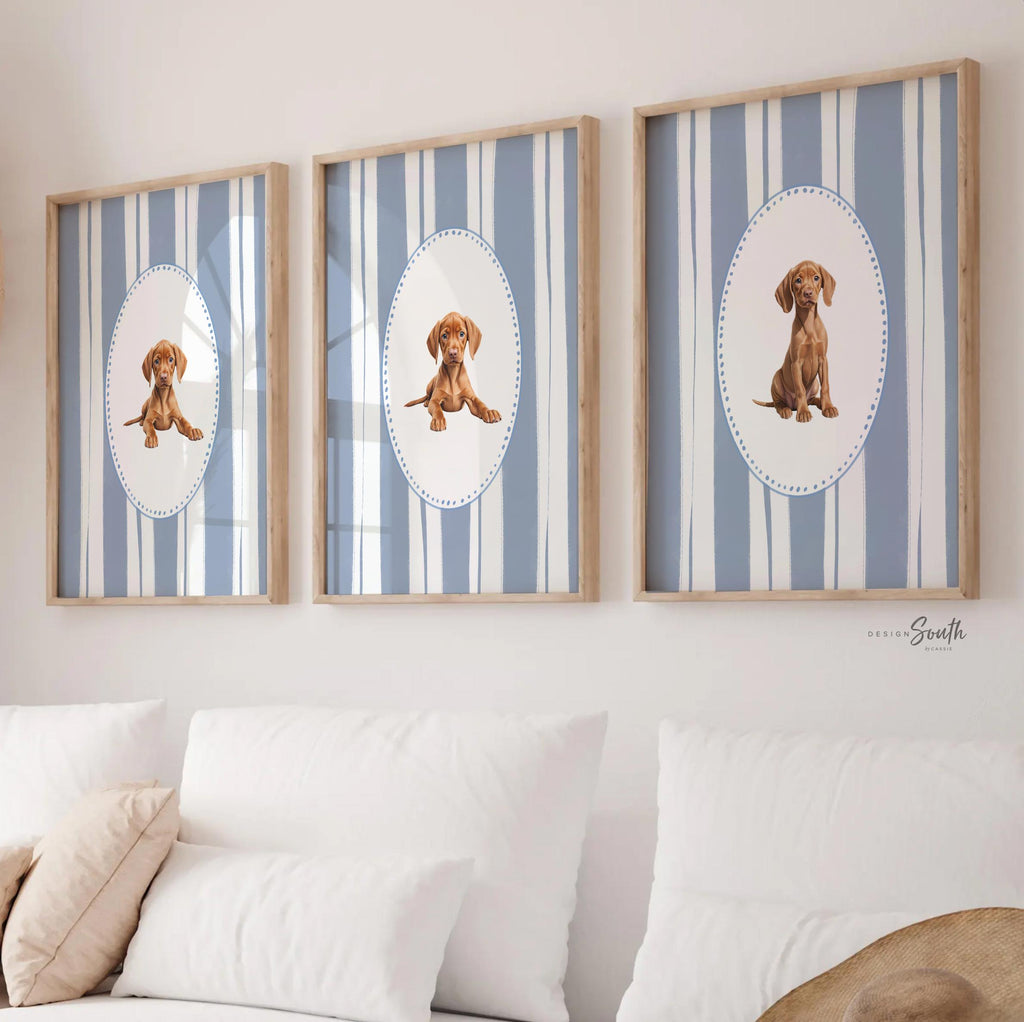 Hungarian Vizsla pointer wall art, bird dog nursery decor, baby blue stripe print set, toddler boy room, Vizsla dog art
