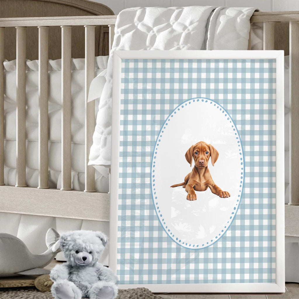 Vizsla dog wall art set, Hungarian pointer nursery prints, blue gingham pattern decor, toddler boy room, bird dog artwork