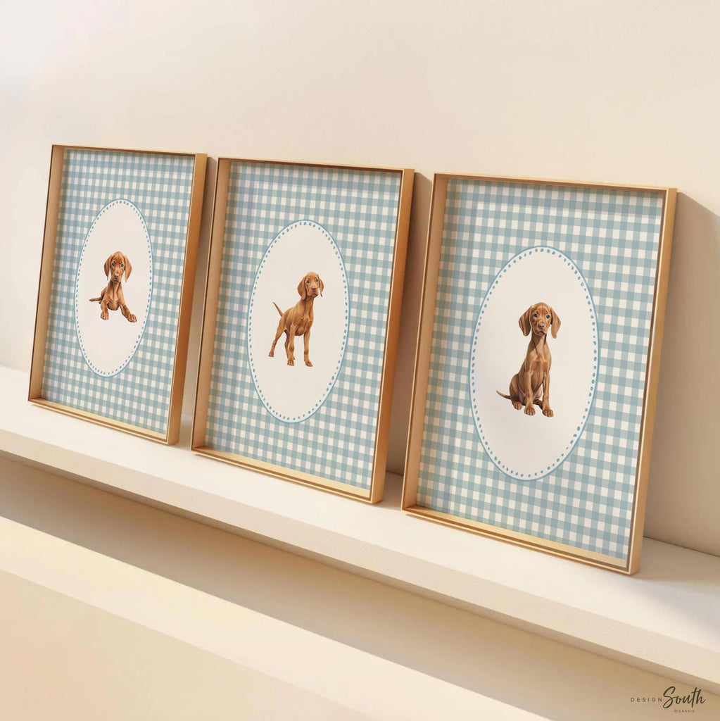 Vizsla dog wall art set, Hungarian pointer nursery prints, blue gingham pattern decor, toddler boy room, bird dog artwork