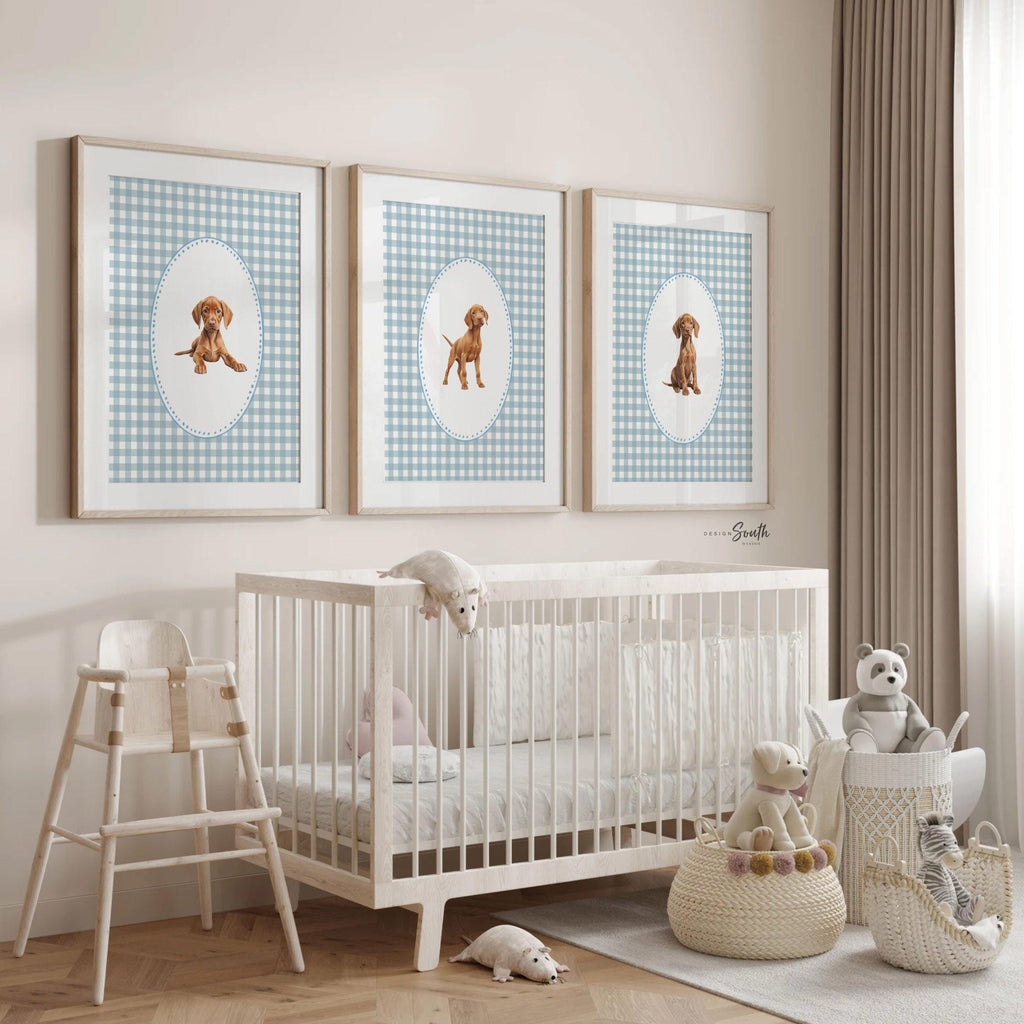 Vizsla dog wall art set, Hungarian pointer nursery prints, blue gingham pattern decor, toddler boy room, bird dog artwork