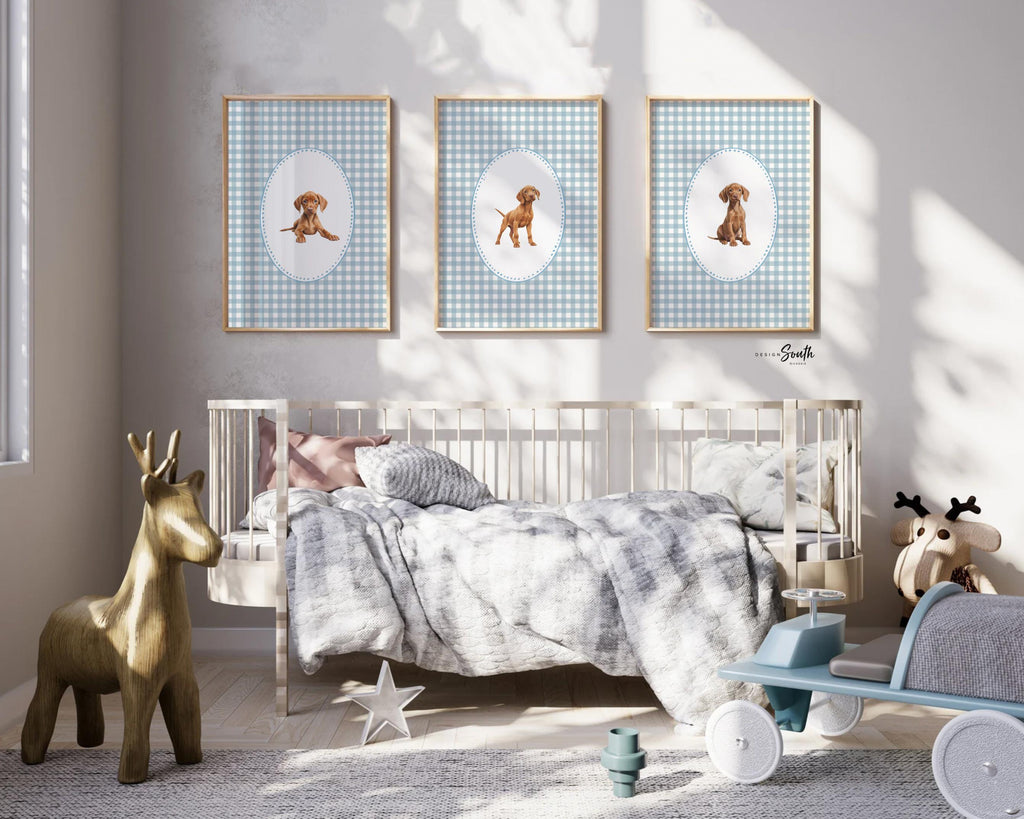 Vizsla dog wall art set, Hungarian pointer nursery prints, blue gingham pattern decor, toddler boy room, bird dog artwork