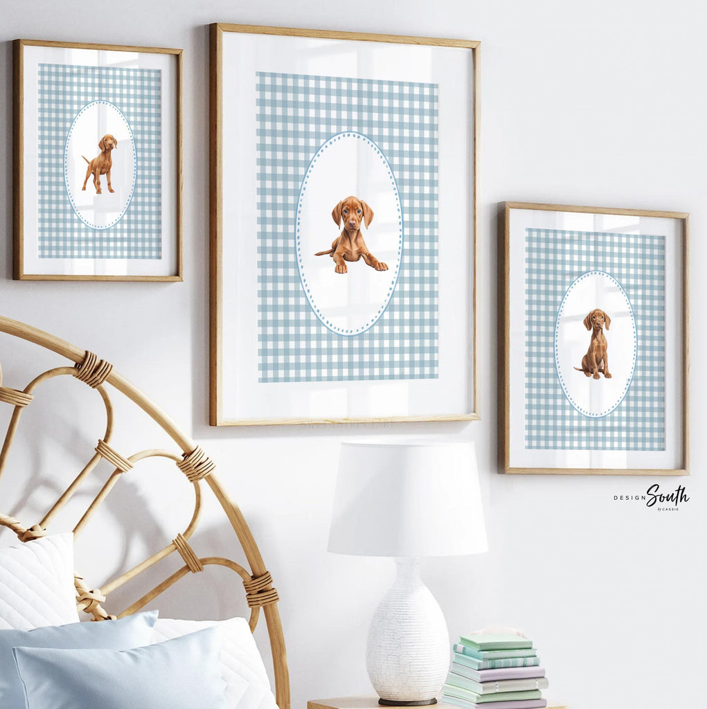 Vizsla dog wall art set, Hungarian pointer nursery prints, blue gingham pattern decor, toddler boy room, bird dog artwork