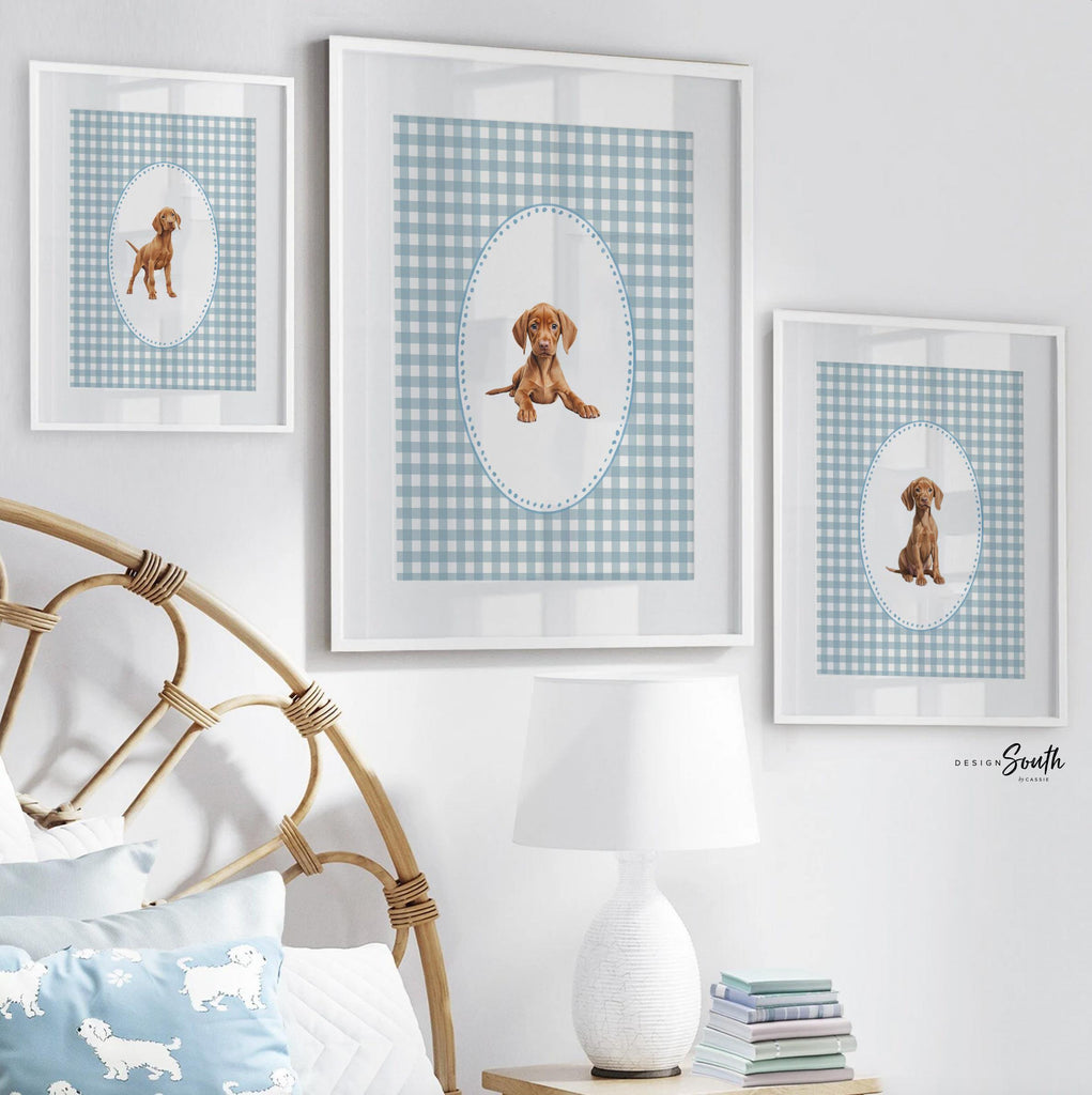 Vizsla dog wall art set, Hungarian pointer nursery prints, blue gingham pattern decor, toddler boy room, bird dog artwork