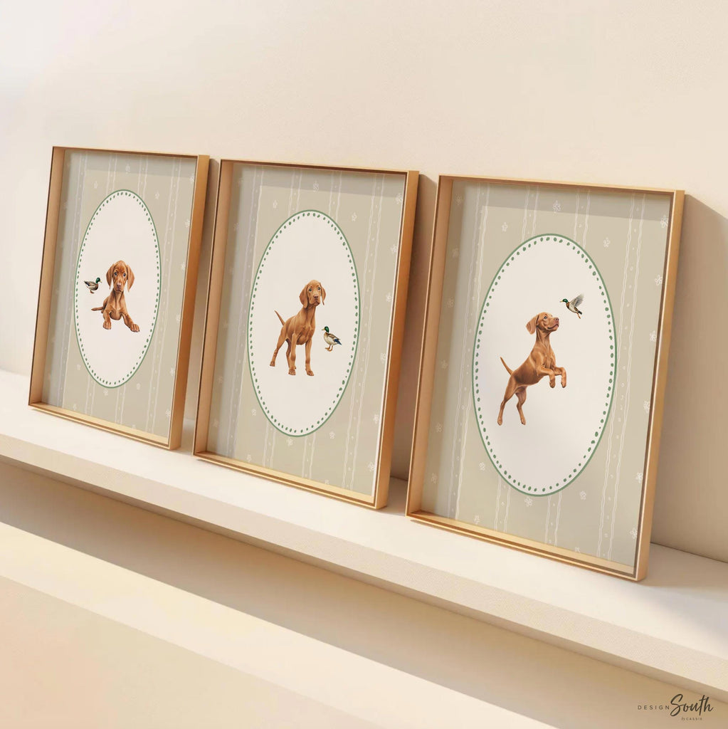 Hungarian Vizsla pointer wall art, bird dog nursery decor, duck hunting print set green beige accents, Vizsla dog and mallard duck artwork