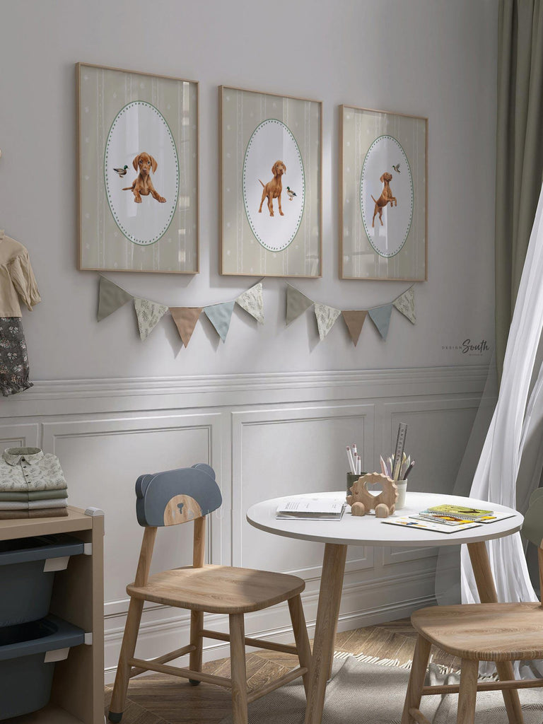 Hungarian Vizsla pointer wall art, bird dog nursery decor, duck hunting print set green beige accents, Vizsla dog and mallard duck artwork