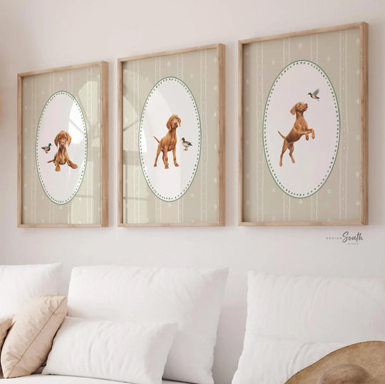 Hungarian Vizsla pointer wall art, bird dog nursery decor, duck hunting print set green beige accents, Vizsla dog and mallard duck artwork