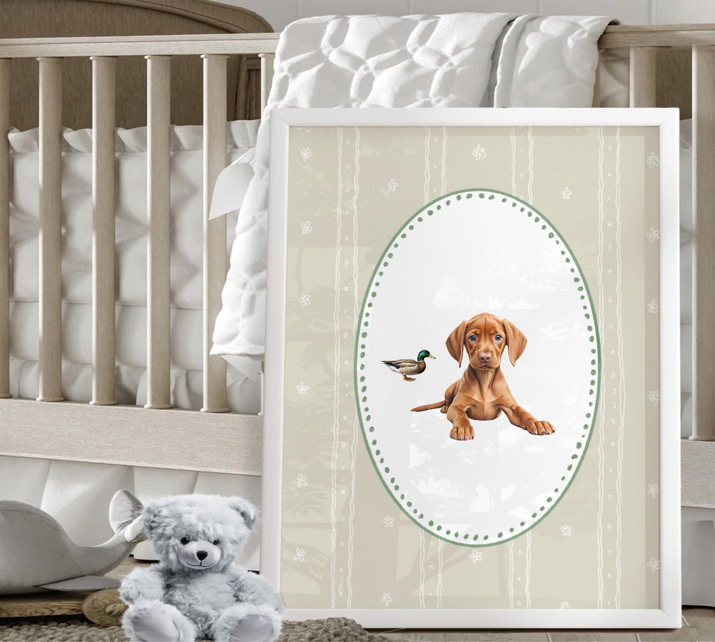 Hungarian Vizsla pointer wall art, bird dog nursery decor, duck hunting print set green beige accents, Vizsla dog and mallard duck artwork
