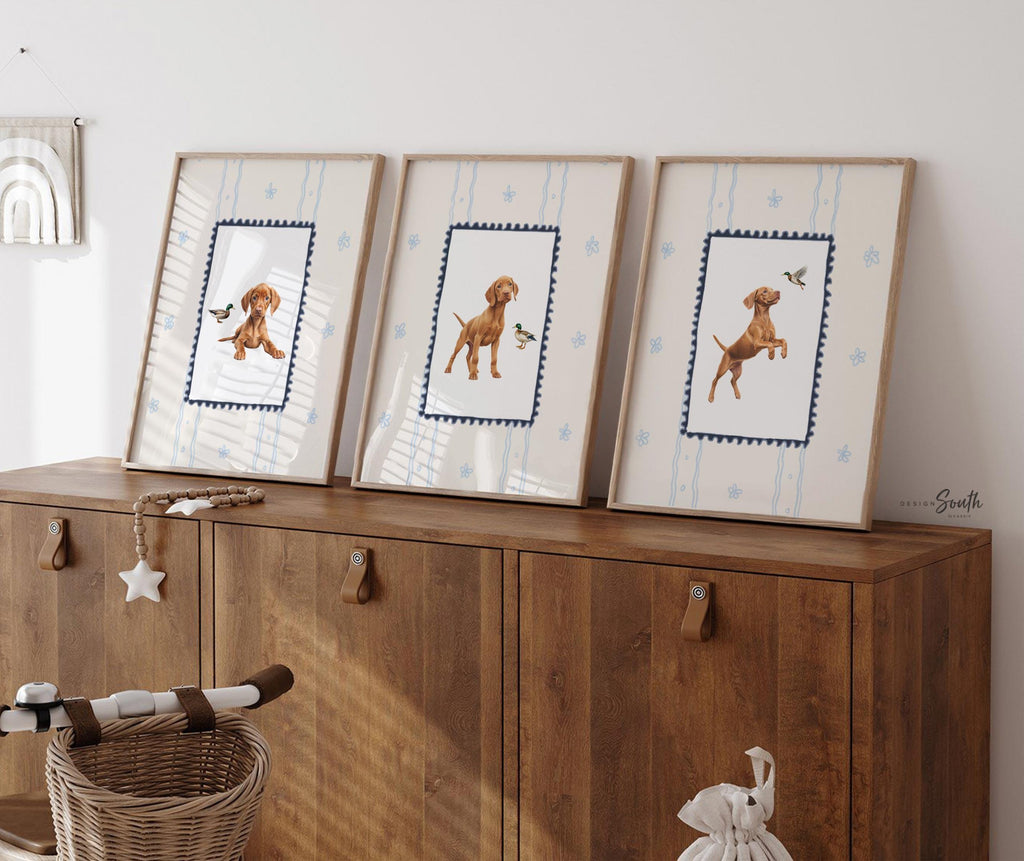 Hungarian Vizsla pointer wall art, bird dog nursery decor, duck hunter print set navy blue ivory whimsical, boy room Vizsla dog mallard duck