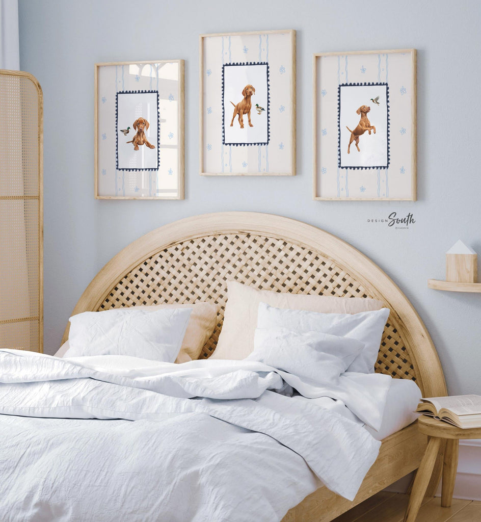 Hungarian Vizsla pointer wall art, bird dog nursery decor, duck hunter print set navy blue ivory whimsical, boy room Vizsla dog mallard duck