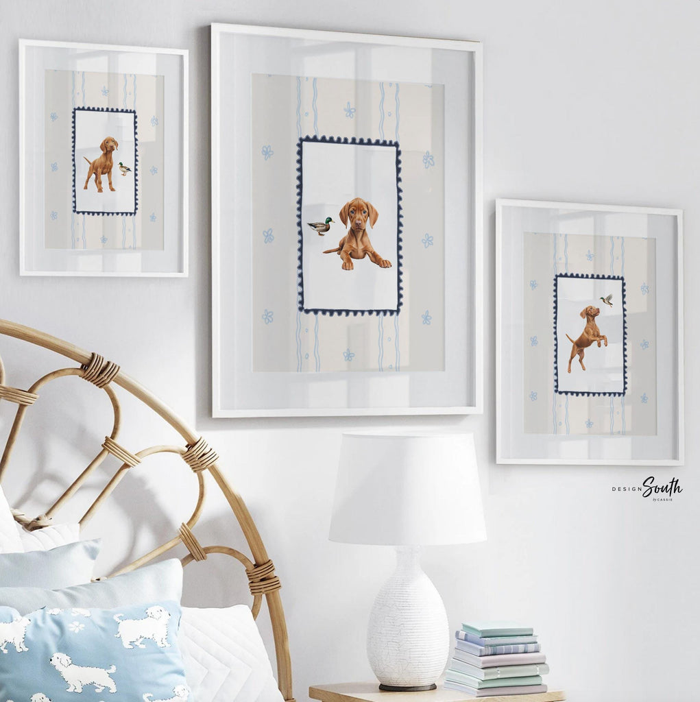 Hungarian Vizsla pointer wall art, bird dog nursery decor, duck hunter print set navy blue ivory whimsical, boy room Vizsla dog mallard duck