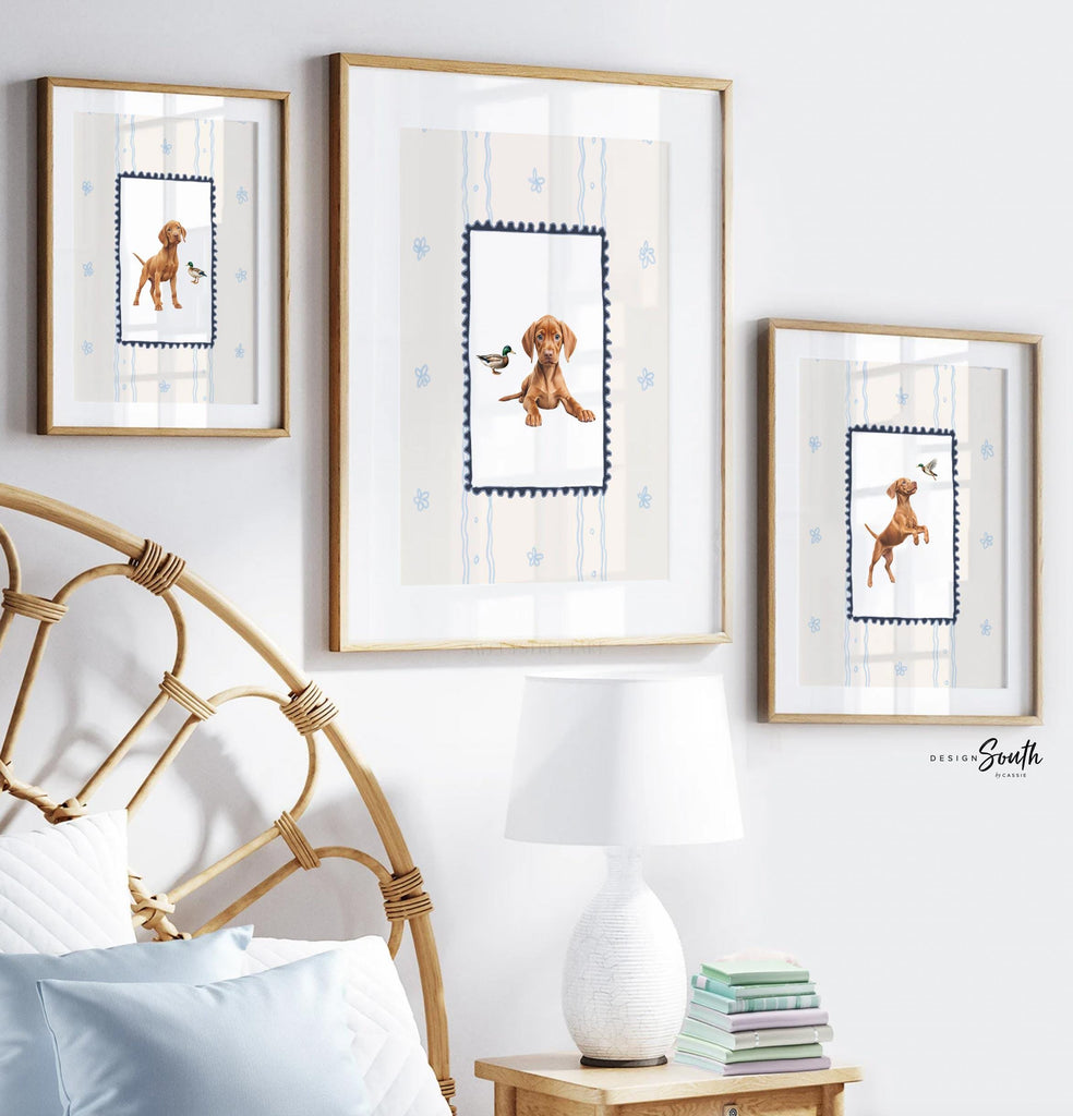 Hungarian Vizsla pointer wall art, bird dog nursery decor, duck hunter print set navy blue ivory whimsical, boy room Vizsla dog mallard duck