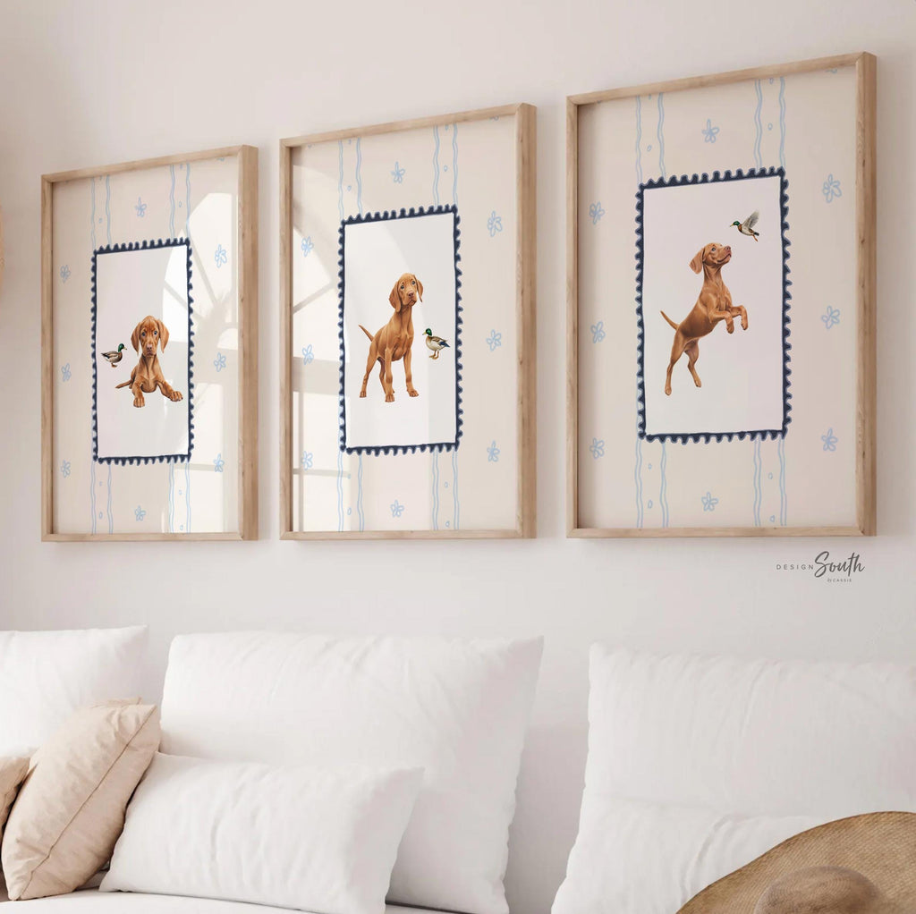 Hungarian Vizsla pointer wall art, bird dog nursery decor, duck hunter print set navy blue ivory whimsical, boy room Vizsla dog mallard duck
