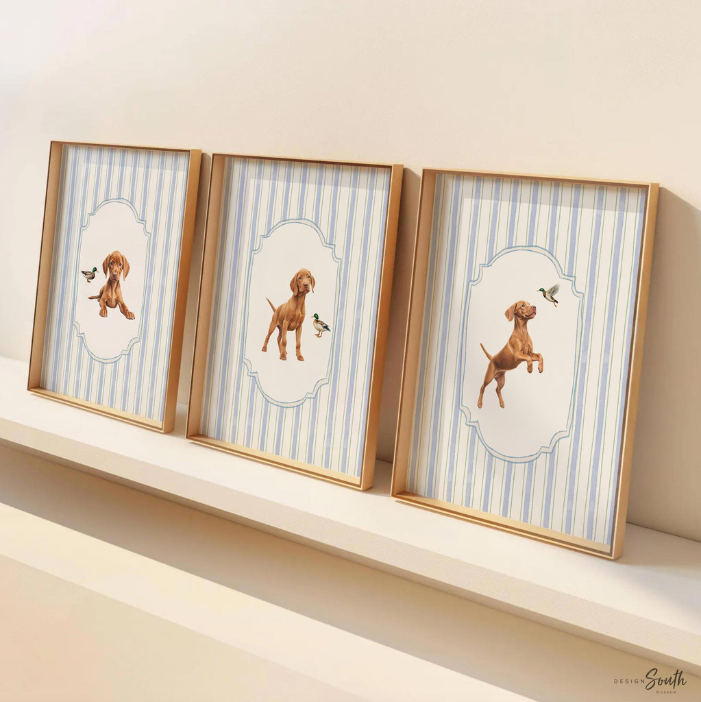 Hungarian Vizsla pointer wall art, bird dog nursery decor, duck hunting print set baby blue stripes, toddler Vizsla dog and mallard duck art
