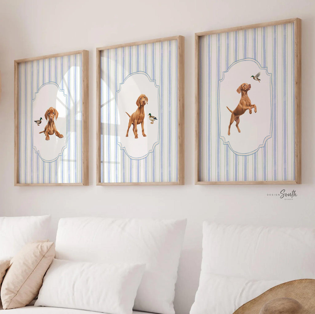 Hungarian Vizsla pointer wall art, bird dog nursery decor, duck hunting print set baby blue stripes, toddler Vizsla dog and mallard duck art