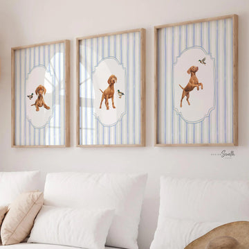 Hungarian Vizsla pointer wall art, bird dog nursery decor, duck hunting print set baby blue stripes, toddler Vizsla dog and mallard duck art