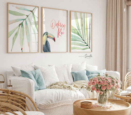 Toucan print art set, above crib tropical wall, tropical nursery decor, baby room decor, newborn nursery pink and green tropical themed art