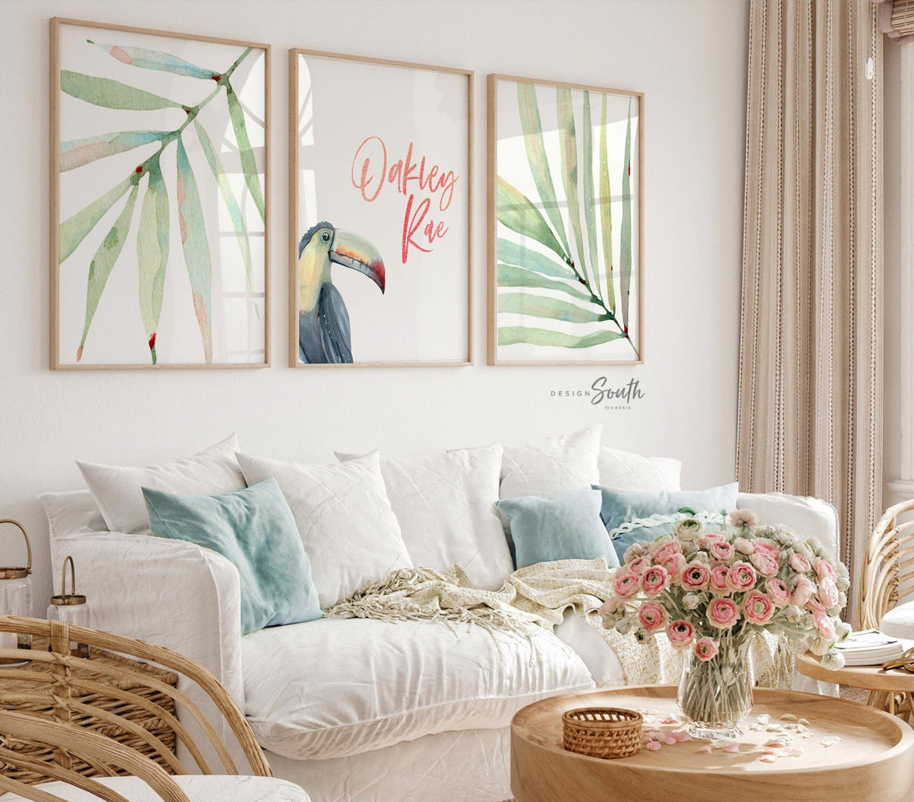 Toucan print art set, above crib tropical wall, tropical nursery decor, baby room decor, newborn nursery pink and green tropical themed art