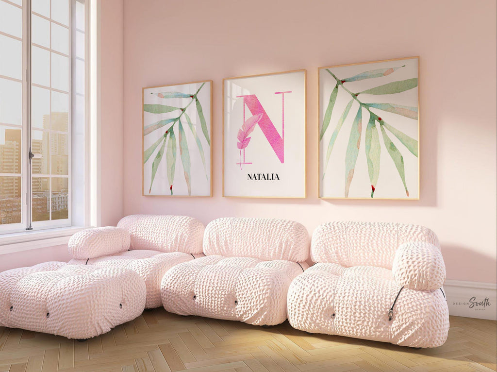 Girl tropical plants initial name nursery decor, tropical leaf watercolor decor, girls nursery tropical theme, pink tropics nursery baby art