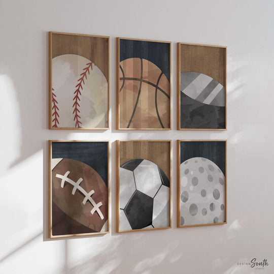 Vintage Sports Bedroom Wall Art, Set of 6, Modern Boys Sports Room Decor
