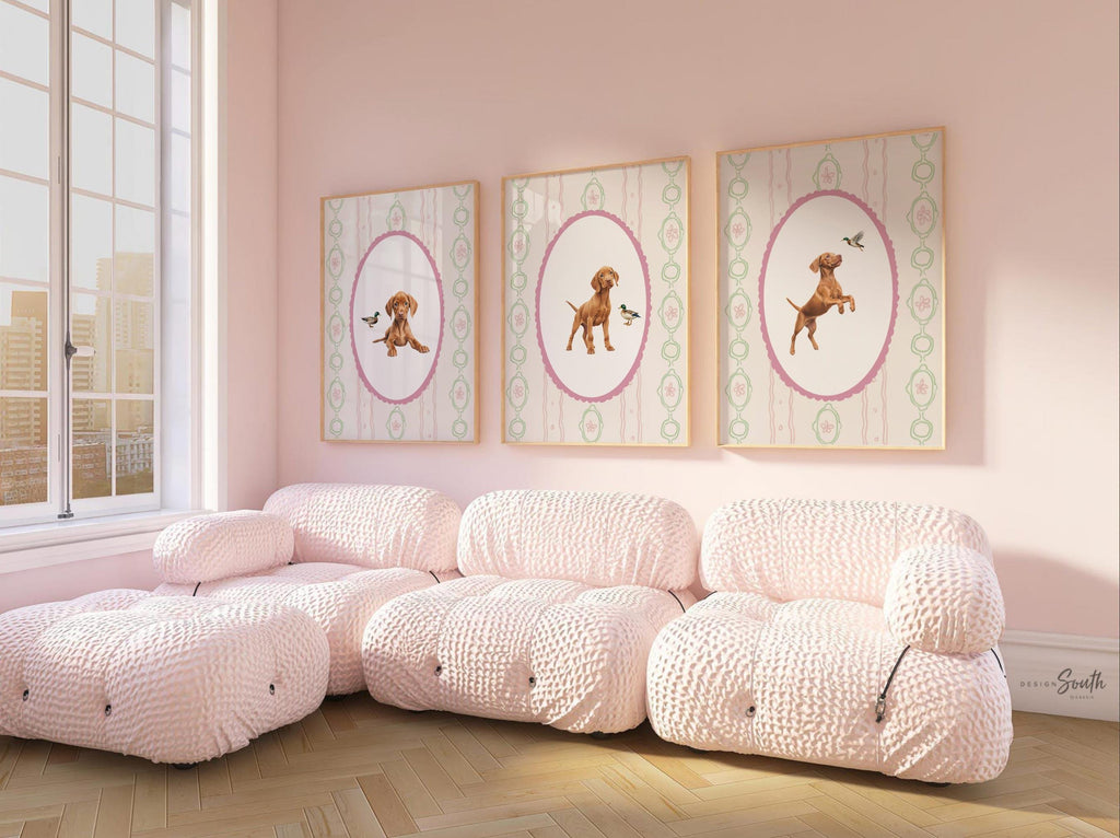 Hungarian Vizsla pointer wall art, bird dog nursery decor, baby blue stripe print set, toddler boy room, Vizsla dog art