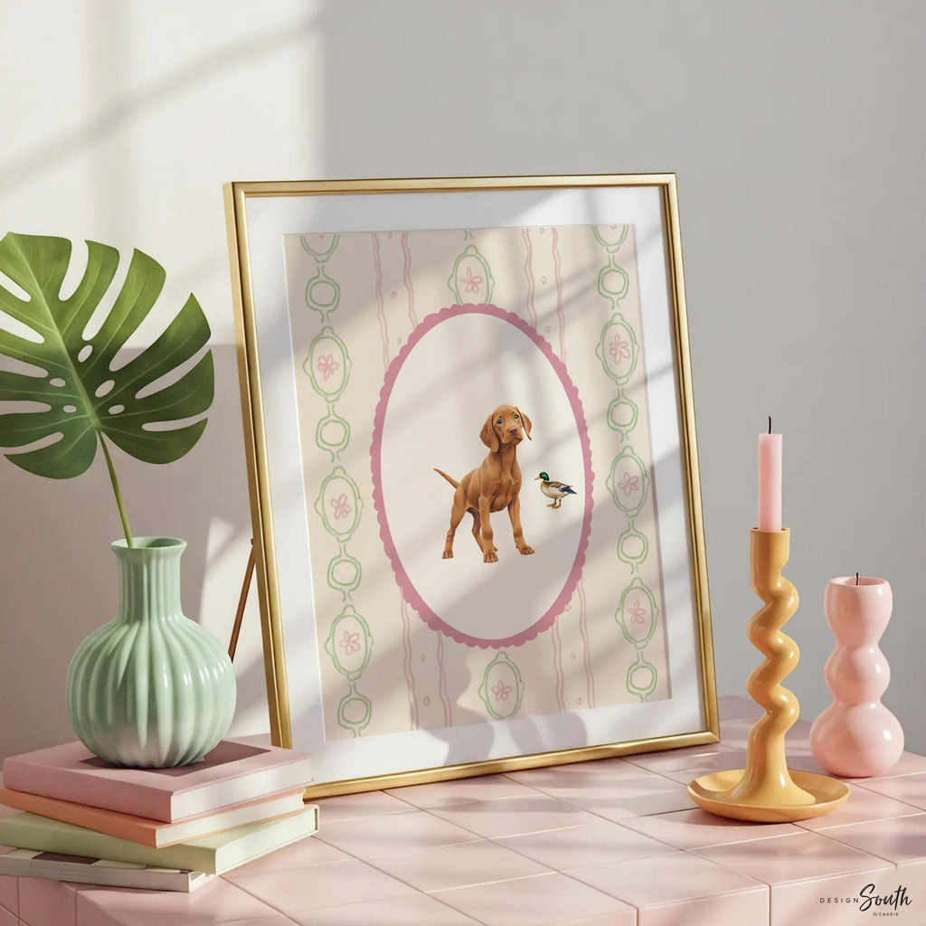 Hungarian Vizsla pointer wall art, bird dog nursery decor, baby blue stripe print set, toddler boy room, Vizsla dog art