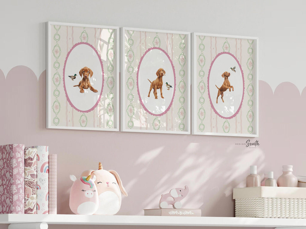 Hungarian Vizsla pointer wall art, bird dog nursery decor, baby blue stripe print set, toddler boy room, Vizsla dog art