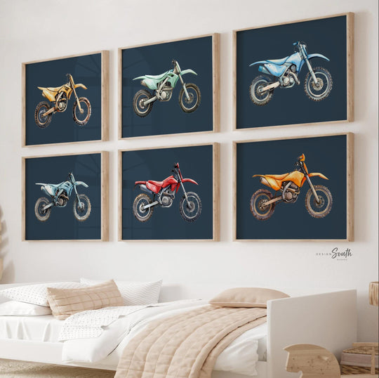Dirt bike wall art set of 6, motocross prints navy blue, boys bedroom wall decor, motocross racing nursery art, dirt bike artwork collection