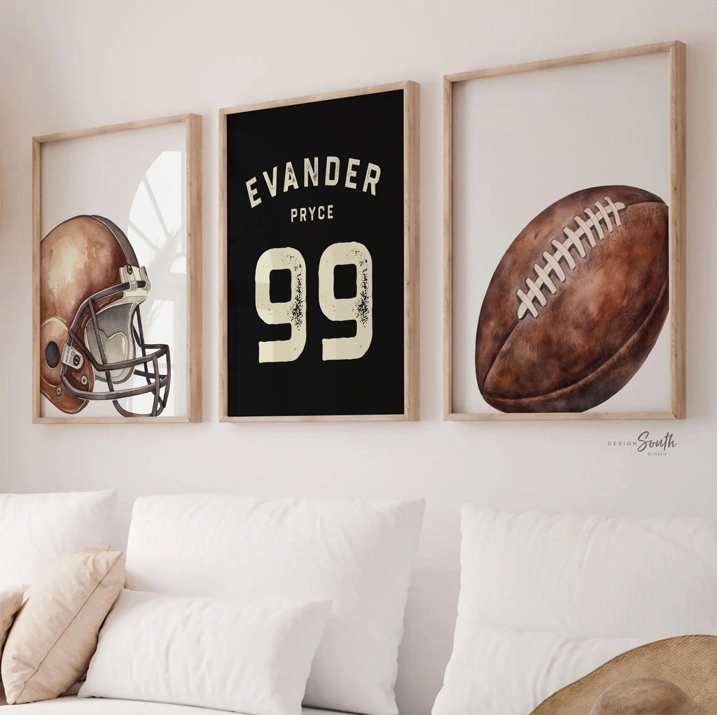 Personalized Football Wall Art Set of 3, Custom Name & Number Prints with Football Helmet, Boys Sports Bedroom or Nursery Decor