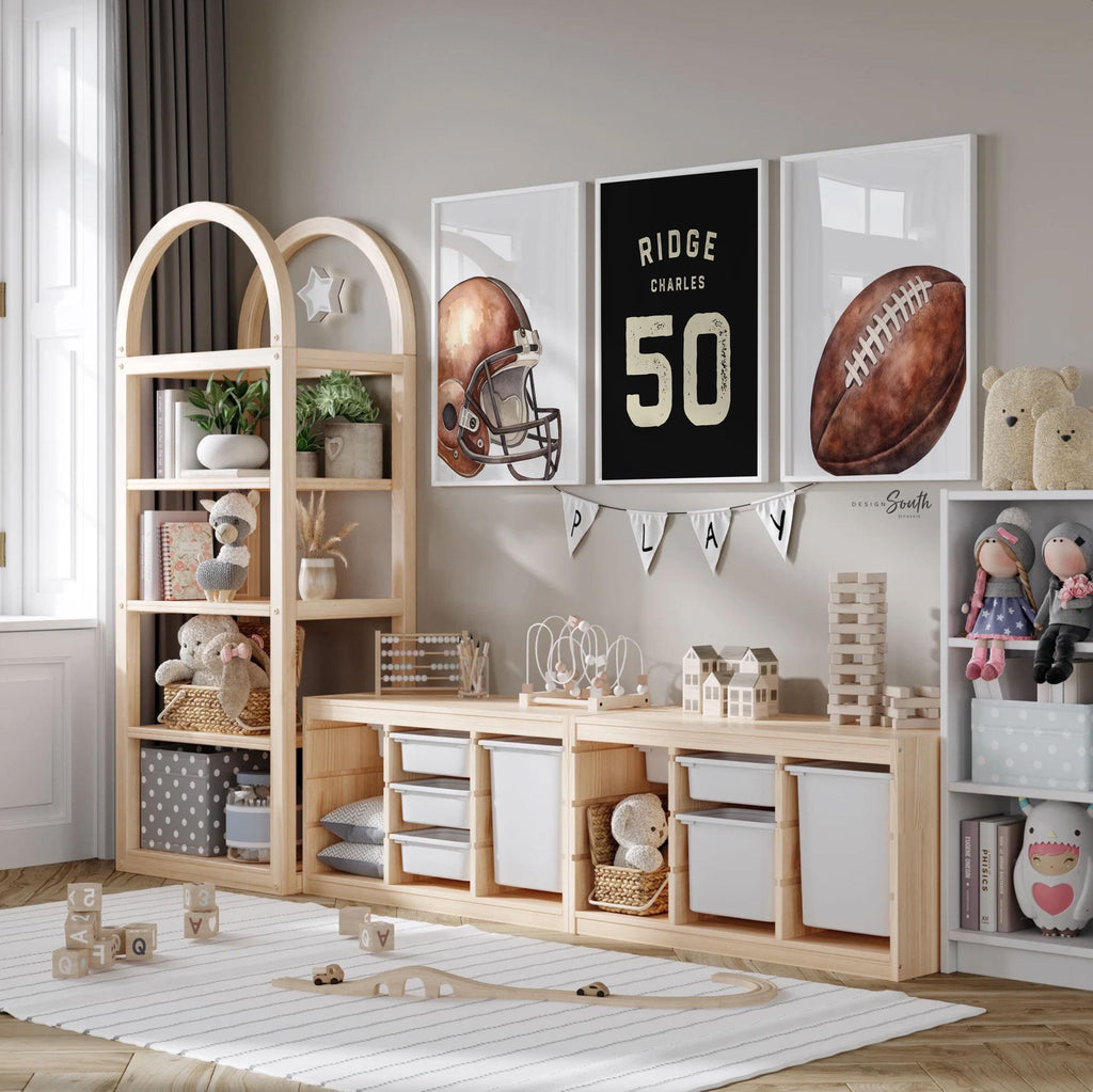 Personalized Football Wall Art Set of 3, Custom Name & Number Prints with Football Helmet, Boys Sports Bedroom or Nursery Decor