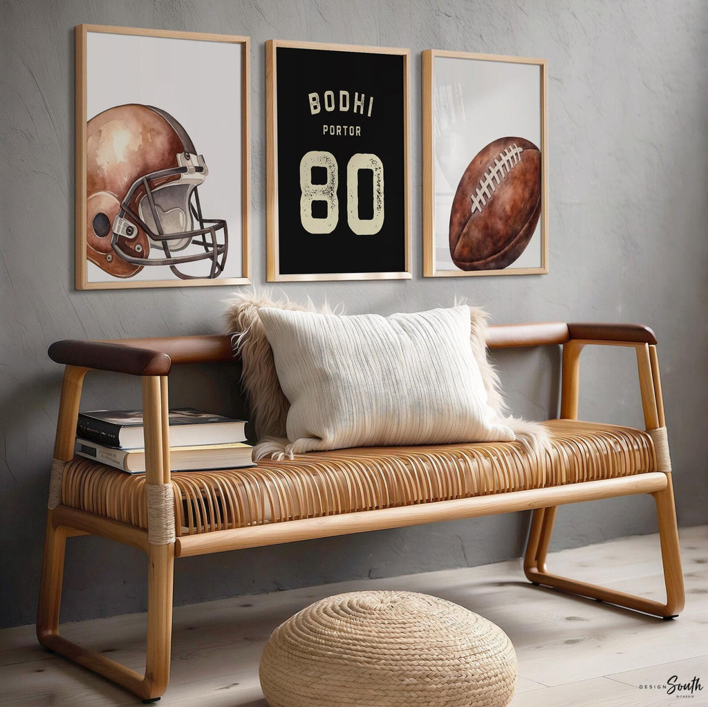 Personalized Football Wall Art Set of 3, Custom Name & Number Prints with Football Helmet, Boys Sports Bedroom or Nursery Decor