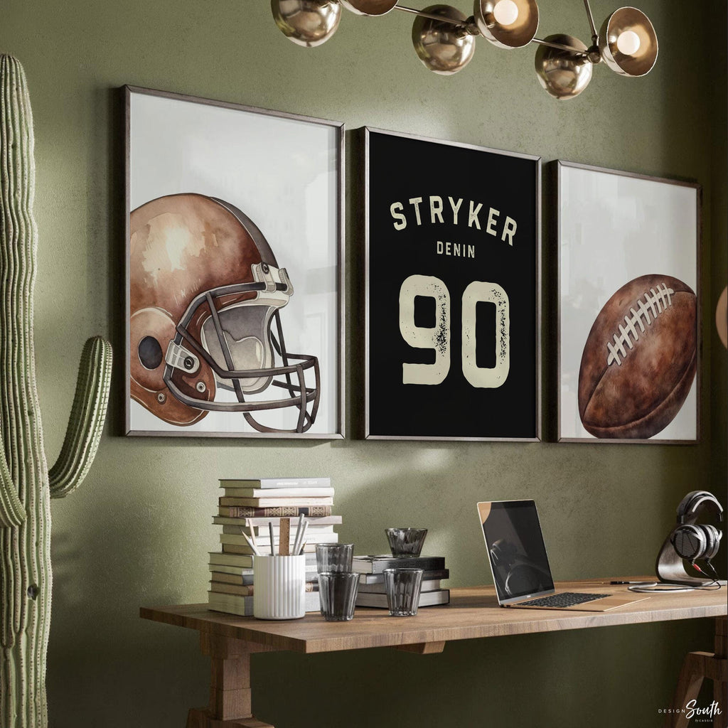 Personalized Football Wall Art Set of 3, Custom Name & Number Prints with Football Helmet, Boys Sports Bedroom or Nursery Decor