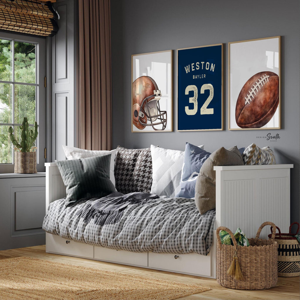 Navy Blue Football Wall Art Set of 3, Personalized Name & Number Prints with Football Helmet, Boys Sports Bedroom or Nursery Decor