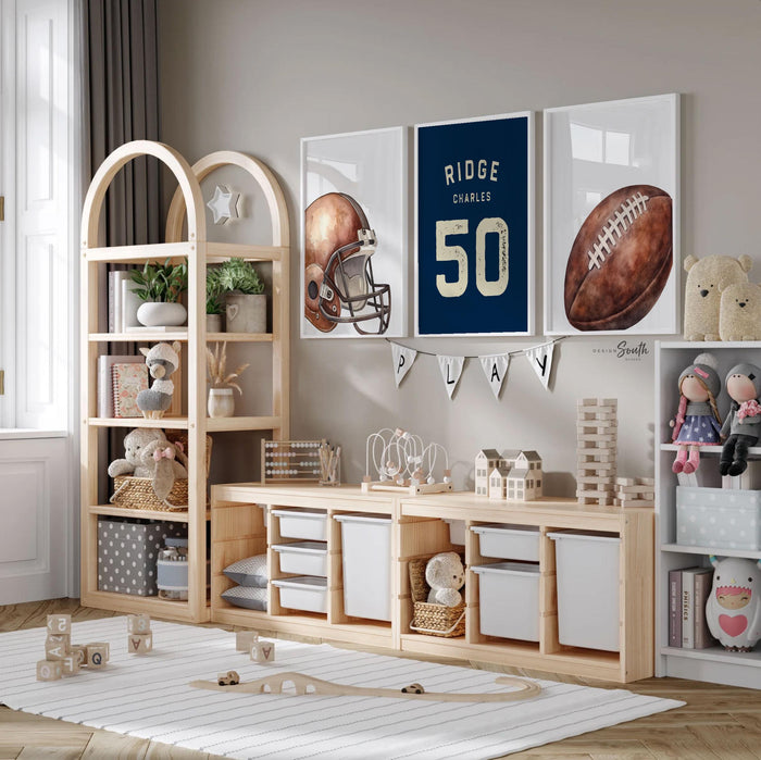 Navy Blue Football Wall Art Set of 3, Personalized Name & Number Prints with Football Helmet, Boys Sports Bedroom or Nursery Decor