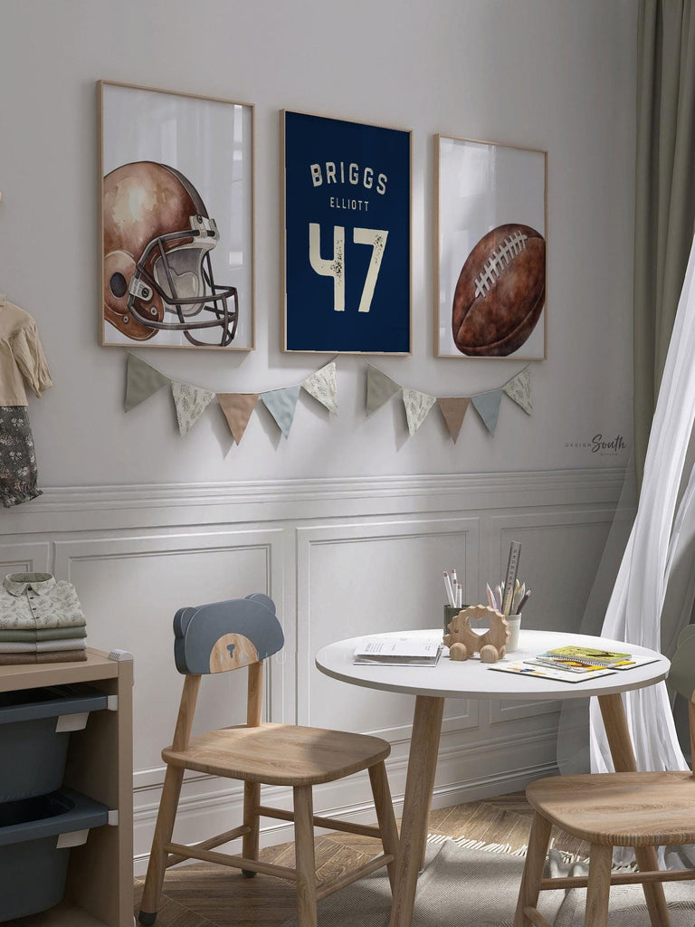 Navy Blue Football Wall Art Set of 3, Personalized Name & Number Prints with Football Helmet, Boys Sports Bedroom or Nursery Decor