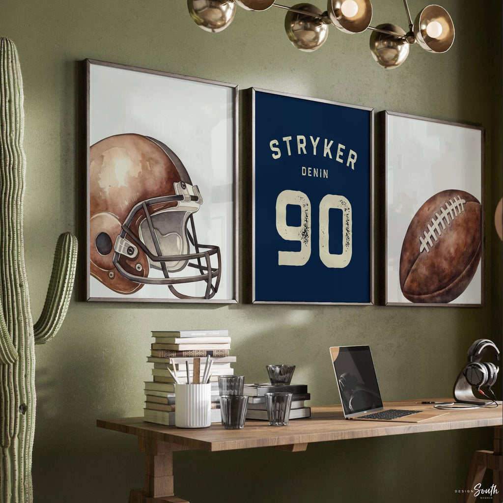 Navy Blue Football Wall Art Set of 3, Personalized Name & Number Prints with Football Helmet, Boys Sports Bedroom or Nursery Decor