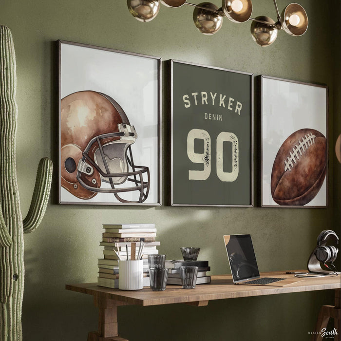 Personalized Football Wall Art Prints Set of 3, Custom Name & Number with Football Helmet, Boys Sports Bedroom or Playroom Decor