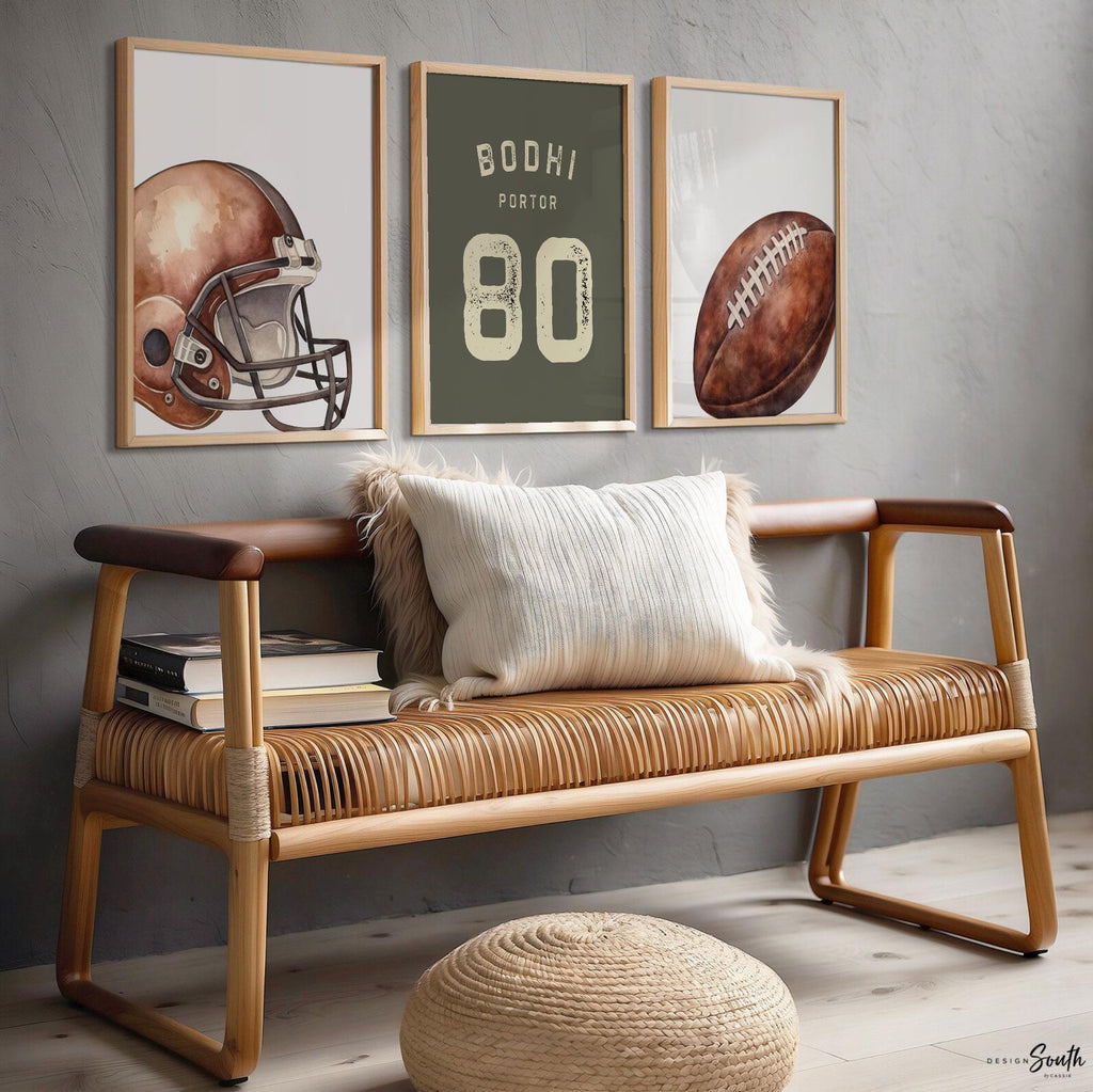 Personalized Football Wall Art Prints Set of 3, Custom Name & Number with Football Helmet, Boys Sports Bedroom or Playroom Decor