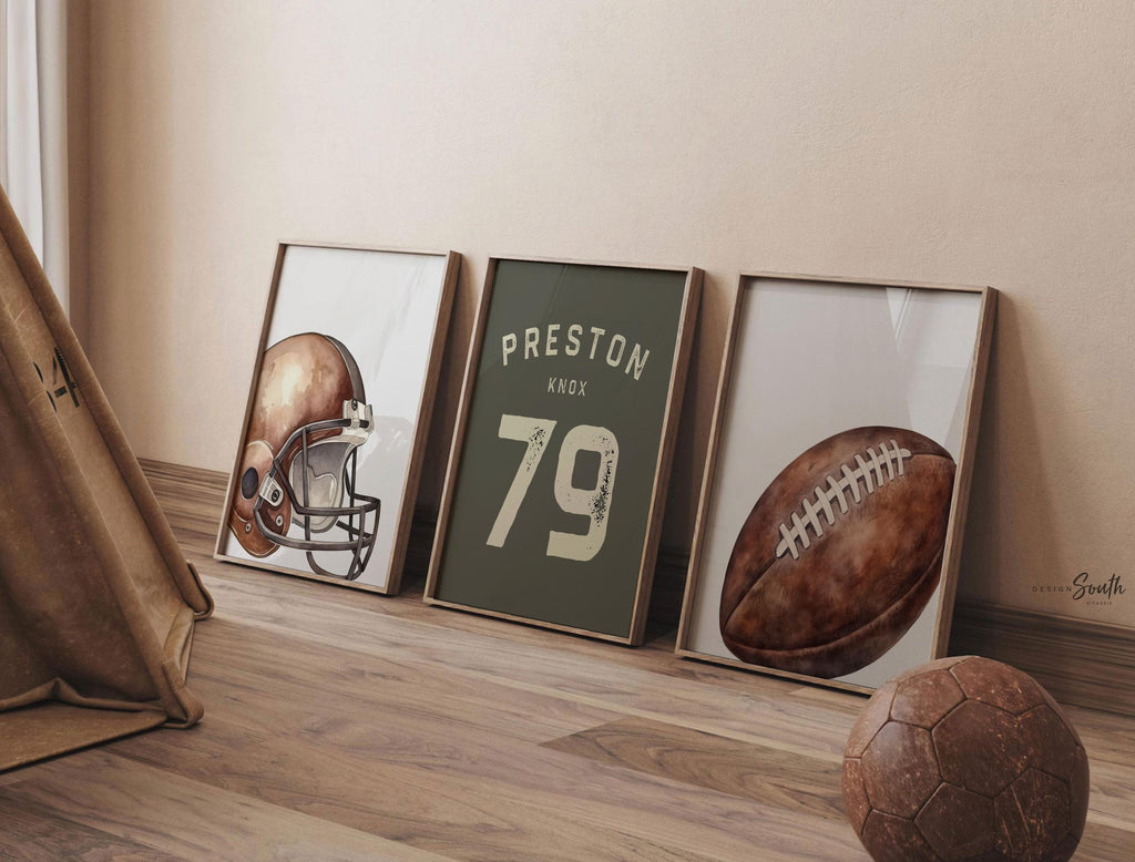 Personalized Football Wall Art Prints Set of 3, Custom Name & Number with Football Helmet, Boys Sports Bedroom or Playroom Decor